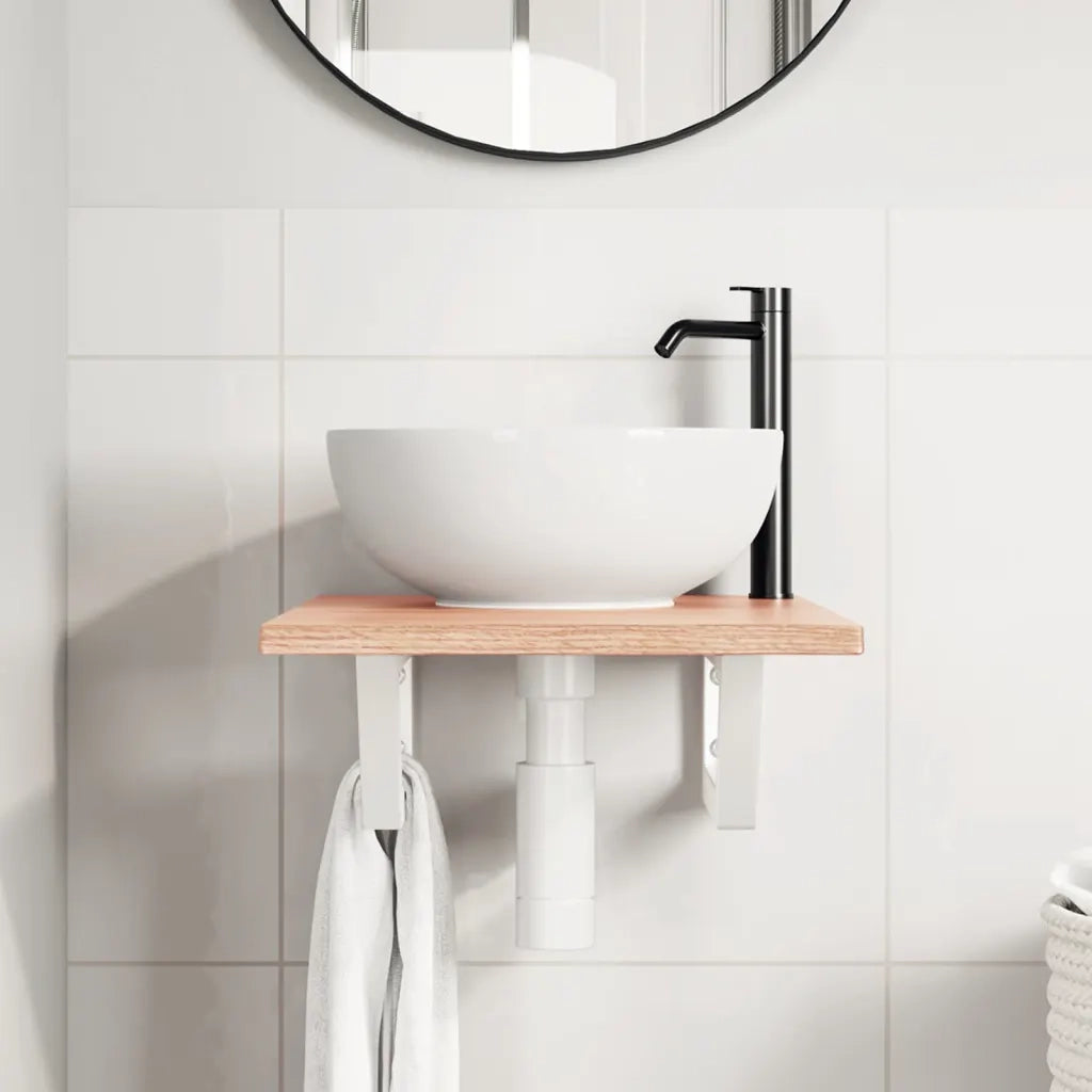 Ripiano a Parete per Lavabo-Mensole a Muro in Acciaio e Massello di Rovere 656638