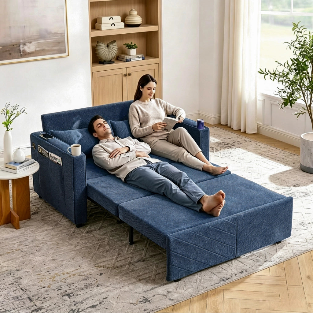 Divano letto 2 posti navy blue con sistema a scorrimento e ricarica USB