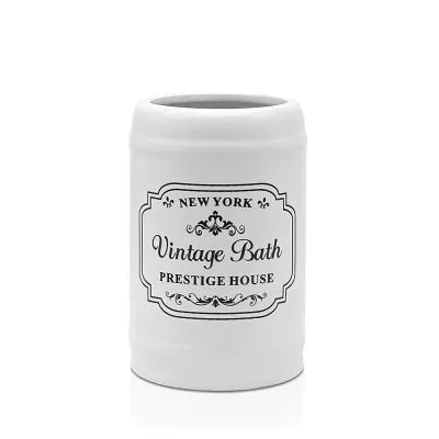 Portaspazzolini bagno in ceramica bianca con stampe a contrasto nere vintage