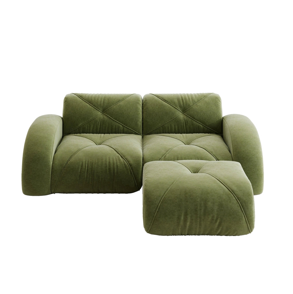 Divano modulare 2 posti con pouf 204x171x76 cm in chenille verde; design senza telaio