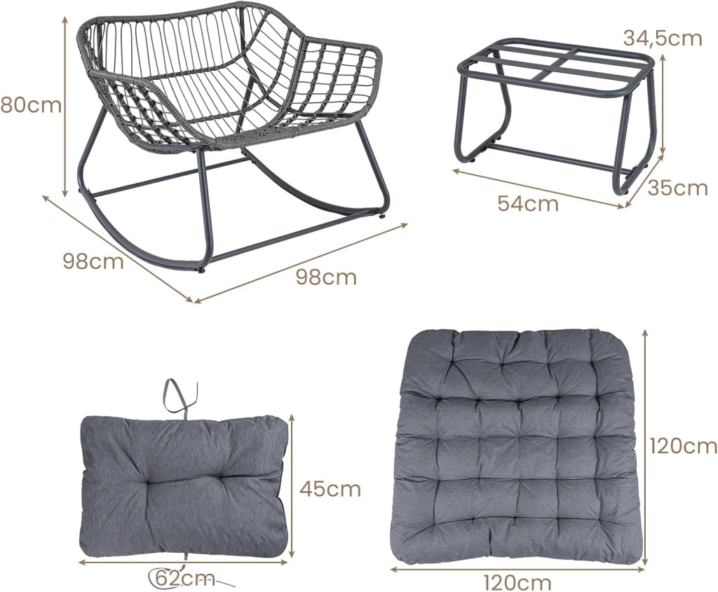 Poltrona a Dondolo con Poggiapiedi, Sedia a Dondolo da Interno ed Esterno, Poltrona Relax in Rattan con Cuscini Rimovibili per Soggiorno, Balcone e Giardino, Portata 150 kg (Grigio)