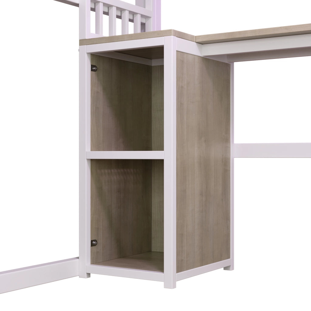 Letto a soppalco 140 × 200 cm con scrivania, ripiani, barra appendiabiti, luce LED e presa, senza materasso