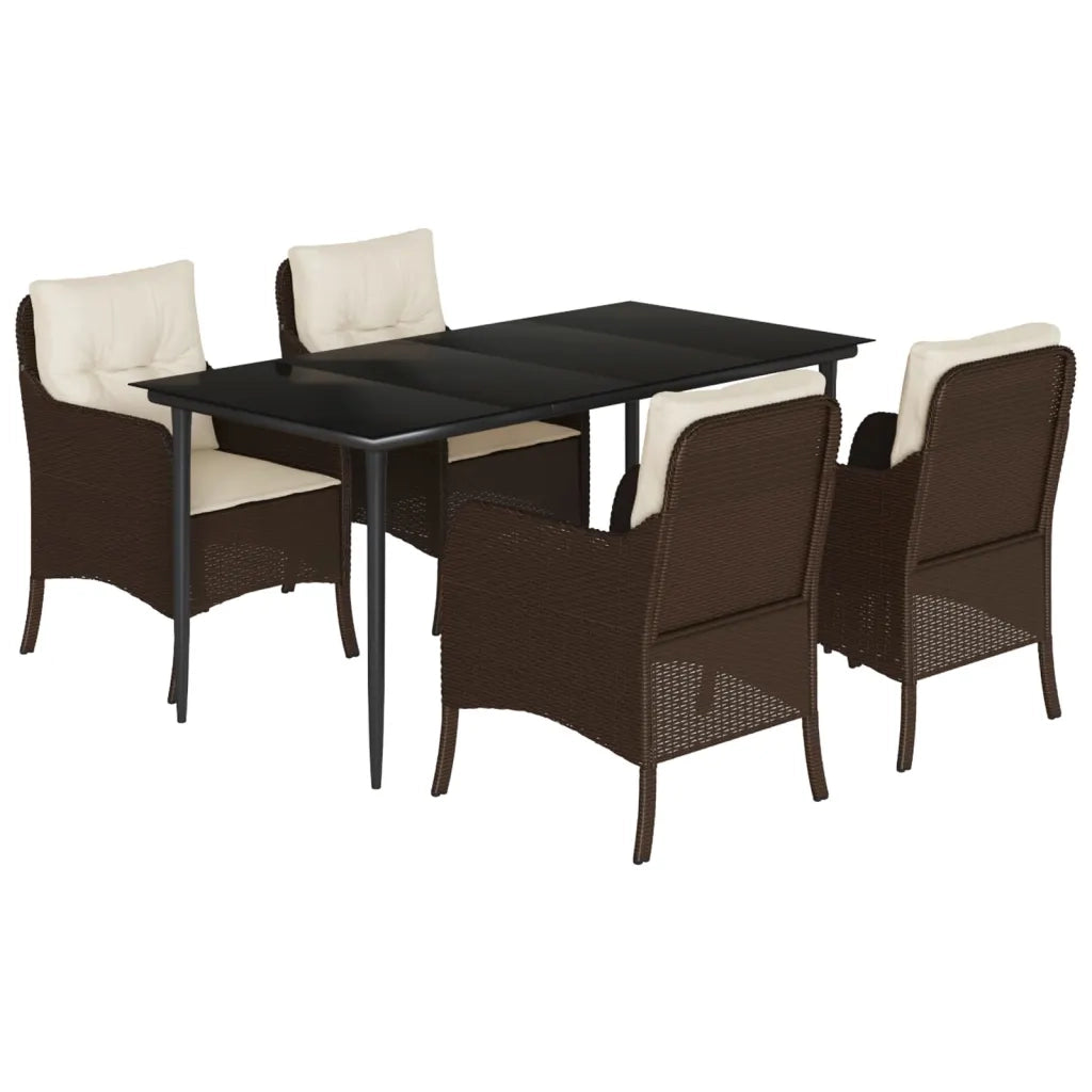 Set da Pranzo da Giardino 5pz con Cuscini in Polyrattan Marrone