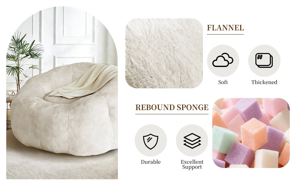 Fauteuil pouf rotondo in flanella con struttura stabile e seduta ampia per soggiorno e camera da letto bianco