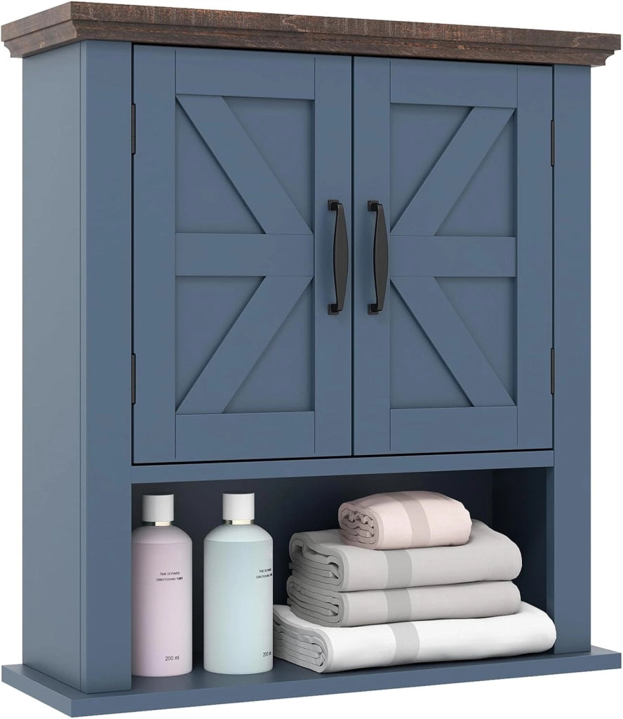Armadio da parete per bagno, pensile con 2 ante e 1 scomparto aperto, stile fienile, mensola regolabile, 55 x 19 x 60 cm, organizer per cucina, ingresso, lavanderia