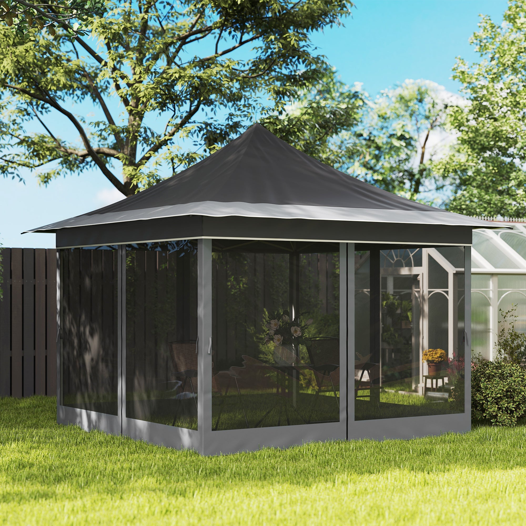 Gazebo da Giardino Pop Up 357x357x310 cm Altezza Regolabile e Zanzariere Grigio Scuro