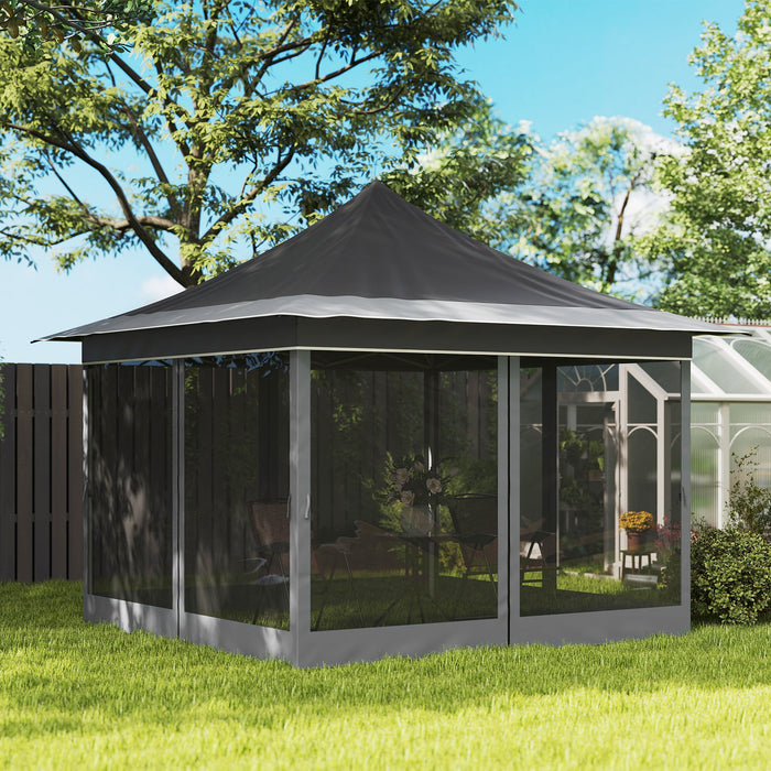 Gazebo da Giardino Pop Up 357x357x310 cm Altezza Regolabile e Zanzariere Grigio Scuro