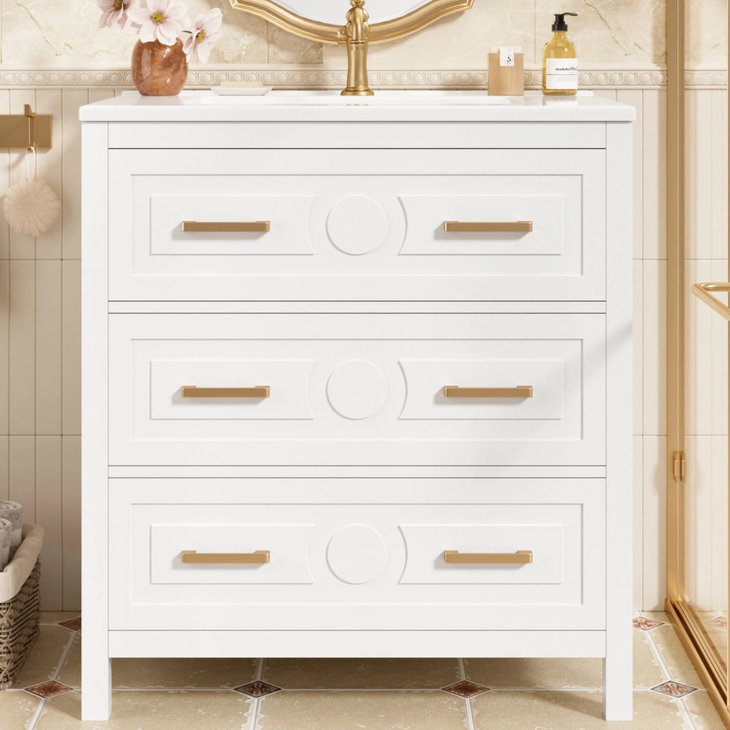 Mobile sottolavabo con 3 cassetti e lavabo in ceramica, finitura laccata, per bagno, bianco, 76,5 × 47 × 82 cm