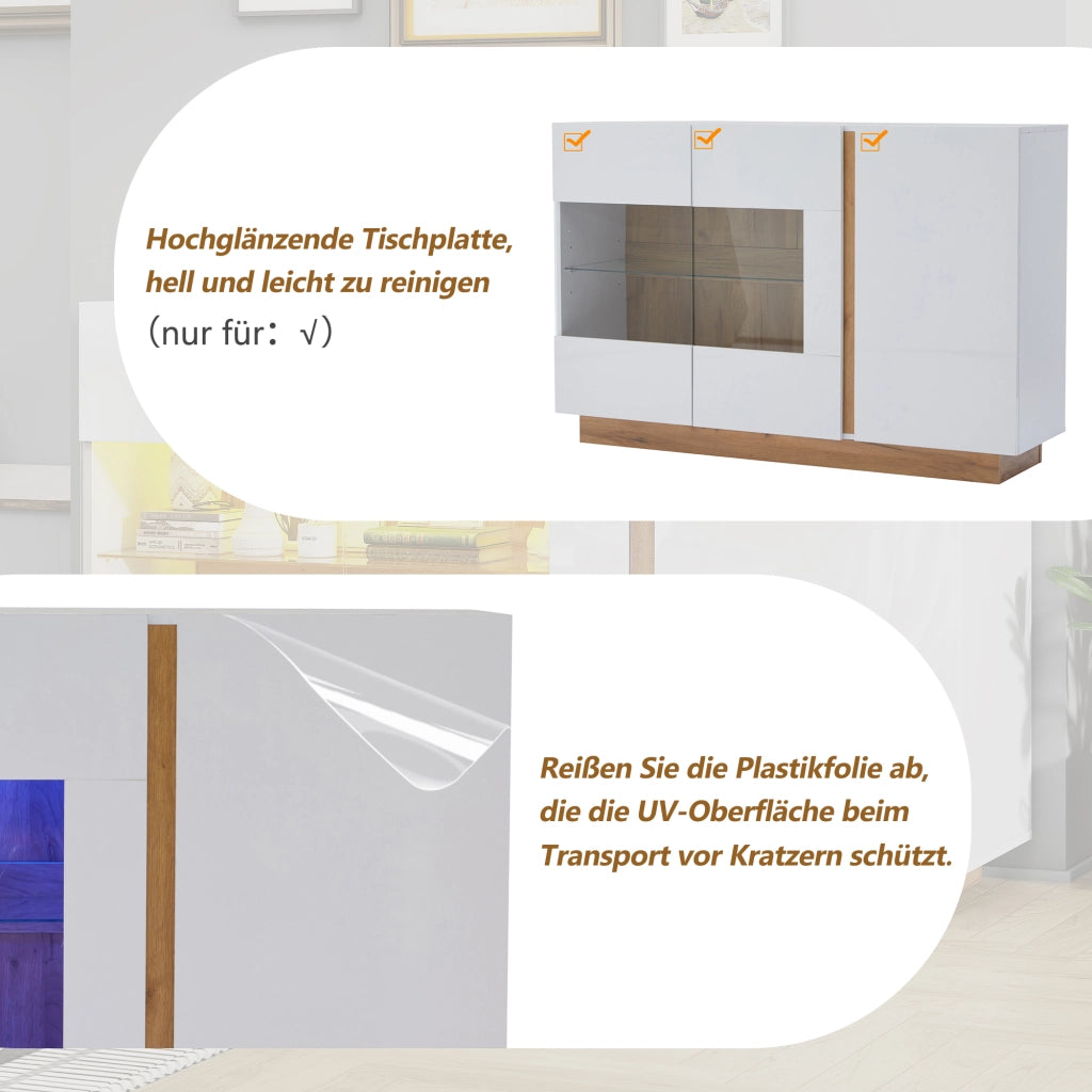 Credenza con 3 ante; illuminazione LED e inserti in vetro - 138x38.5x90.5 cm - bianco