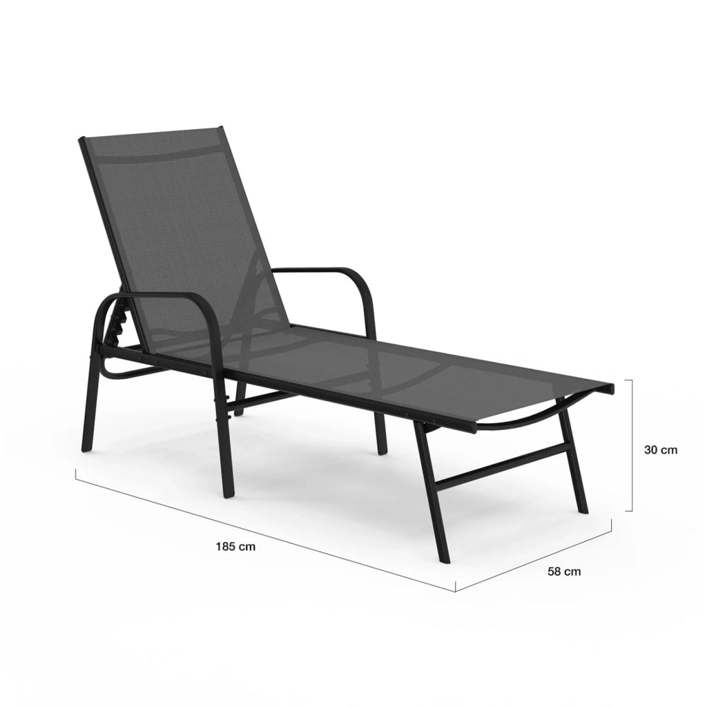 IDMarket - Set di 2 lettini da giardino reclinabili FIDJI in acciaio nero e tessuto grigio antracite