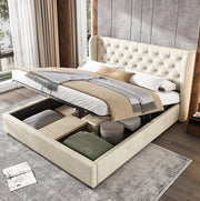 Letto imbottito 140x200 cm con contenitore idraulico e rete a doghe in velluto beige