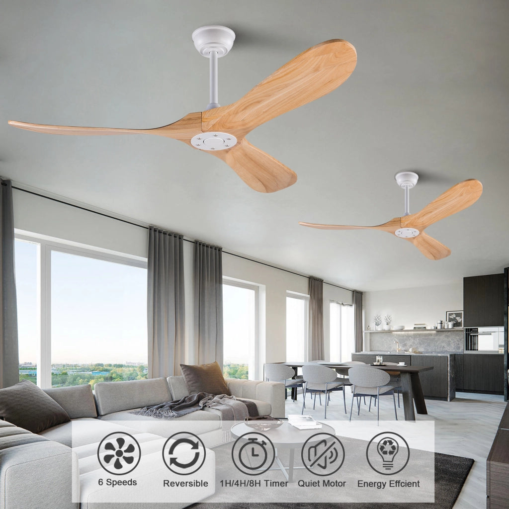 Ventilatore da soffitto 52 pollici, 3 pale legno, design ad elica, funzione memoria, telecomando, finitura noce, per terrazze e soggiorni