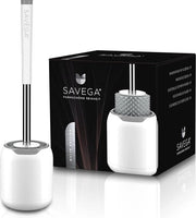 Spazzolino per il water con holder per fissaggio alla parete senza forare. Spazzolino per il water innovativo realizzato in silicone. Set di spazzolino per il water di alta qualità con holder per parete in bianco - grigio - rotondo.