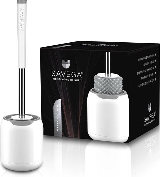 Spazzolino per il water con holder per fissaggio alla parete senza forare. Spazzolino per il water innovativo realizzato in silicone. Set di spazzolino per il water di alta qualità con holder per parete in bianco - grigio - rotondo.