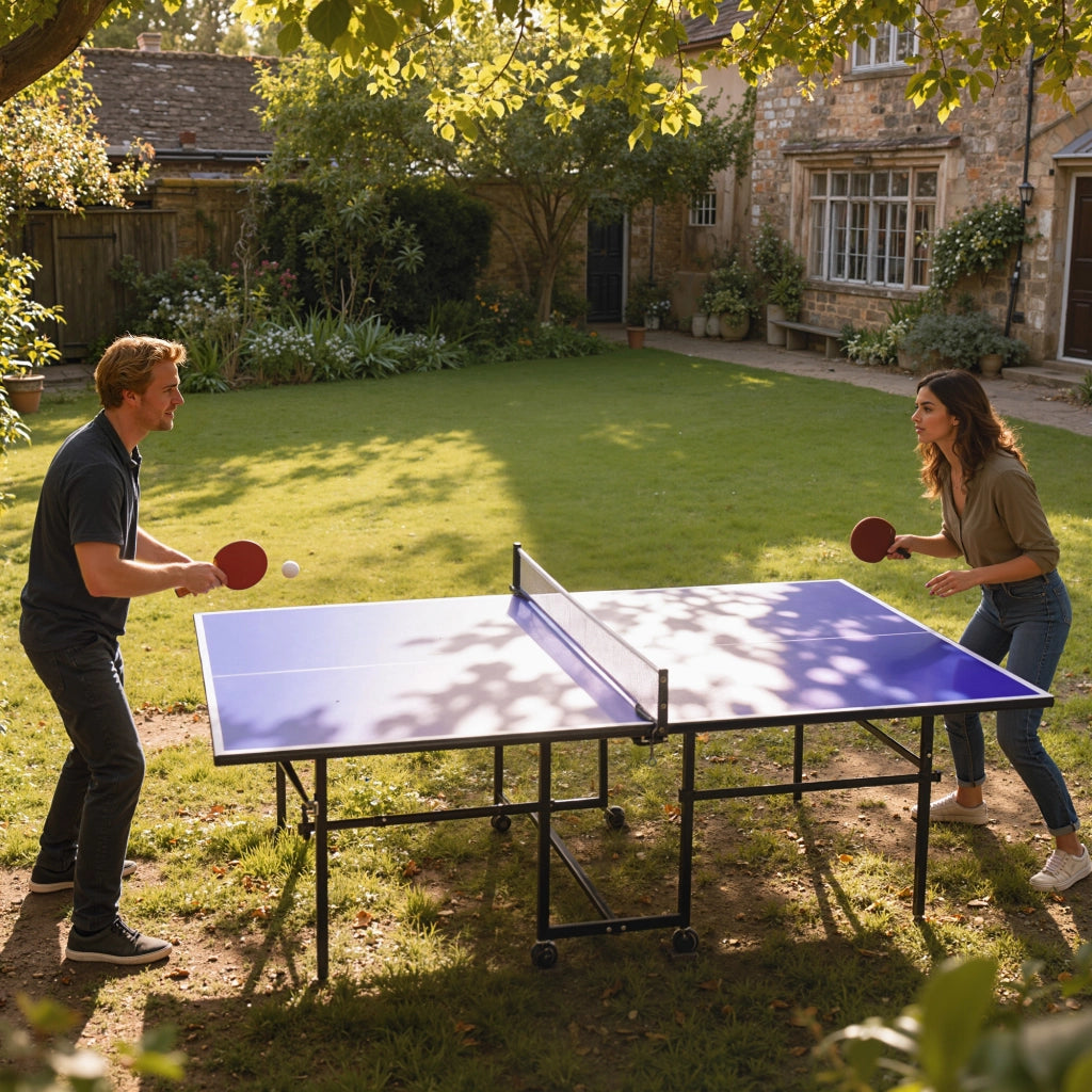 Tavolo da Ping Pong Pieghevole per Interni 274x152,5x75,5 cm con Ruote Girevoli Rete Racchette e Palline Blu