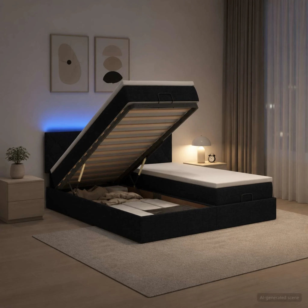 Letto Ottomano con Materasso e LED Nero 160 x 200 cm Tessuto 3457289