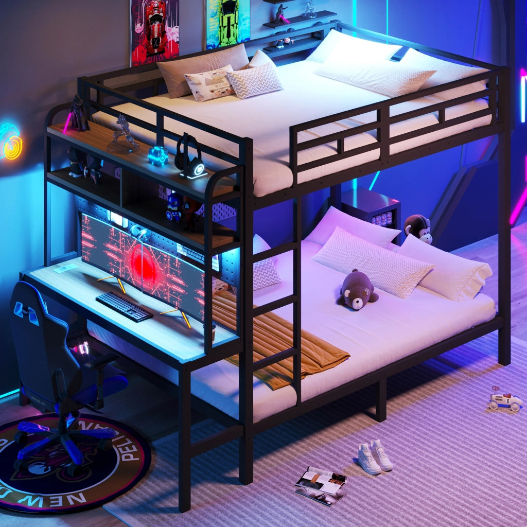 Letto a castello in metallo 140x200 cm con scrivania; vani portaoggetti; LED; USB; parapetto e scala; nero