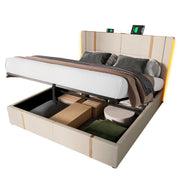 Letti contenitori 180x200 cm con LED e ricarica USB Tipo C; lino beige (Senza materasso)