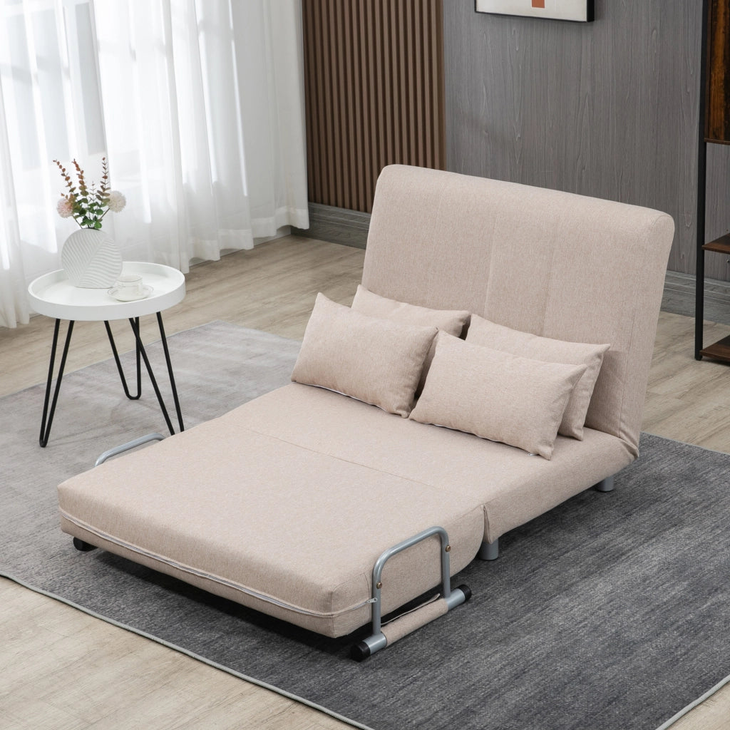 Divano Letto 2 Posti 3 in 1 Convertibile in Poltrona Reclinabile e 4 Cuscini, 102x82x81 cm, Beige