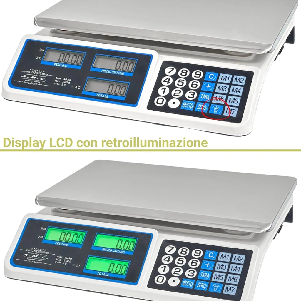 Bilancia Elettronica Professionale da Banco per Alimenti - Bilancia Digitale con 7 Tasti di Memoria e Piatto in Acciaio Inox e Schermo LCD con Prezzo