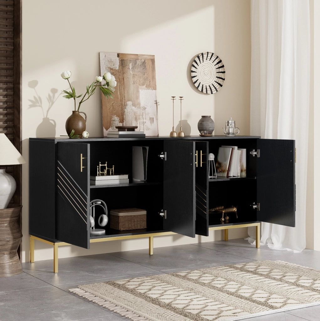 Credenza a 4 ante nera con ripiani regolabili, 160 cm