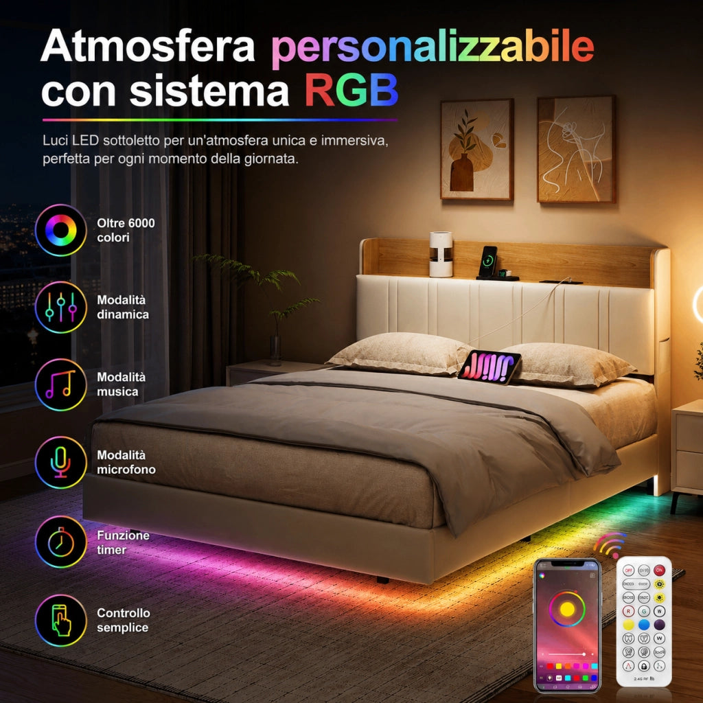 Letto matrimoniale 140x190 cm in pelle PU bianca, testiera con vano portaoggetti, stazione di ricarica, luci RGB a LED, struttura robusta portata 350kg