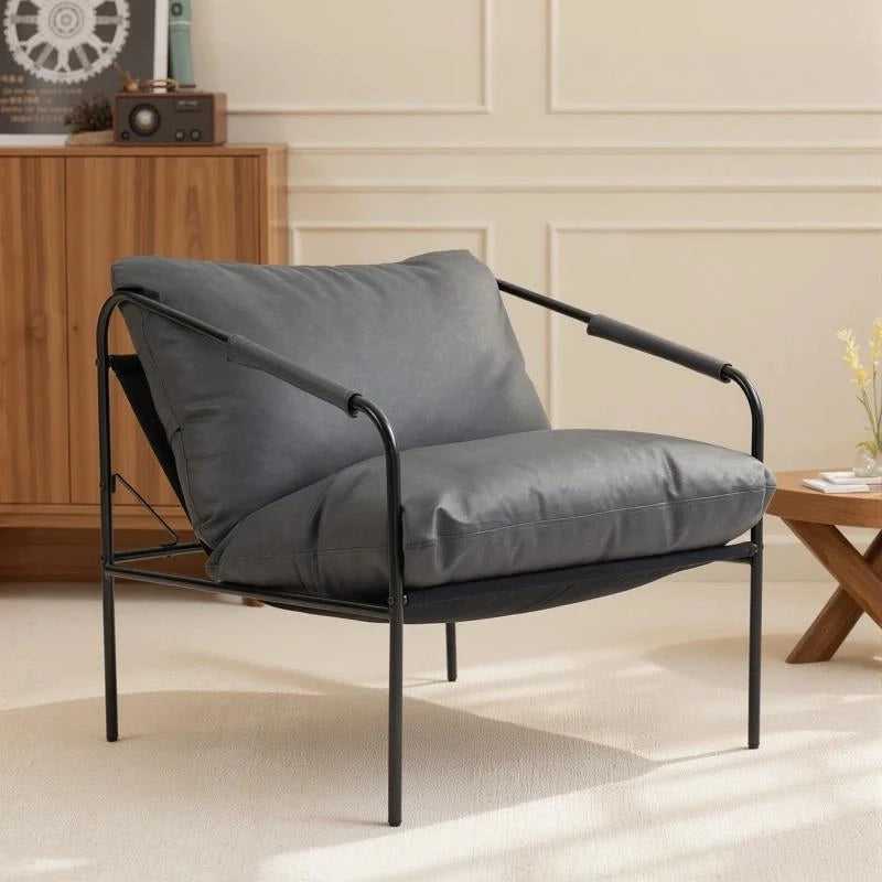 POLTRONA DA SALOTTO IN PELLE PU E TELAIO IN METALLO CON CUSCINI SPESSI, 74.5X75X77 CM, GRIGIO CARBONE