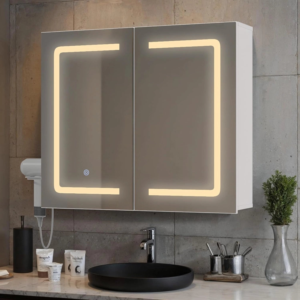 Armadio da bagno con specchio e illuminazione a LED, dimmerabile, con sensore di contatto,presa elettrica, ripiani regolabili,doppia porta in MDF di alta qualità,70X16X60CM,Bianco