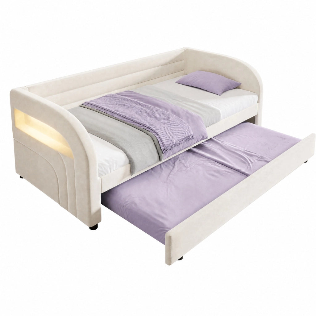 Letto piattaforma imbottito 90x200 cm con letto estraibile e illuminazione LED beige