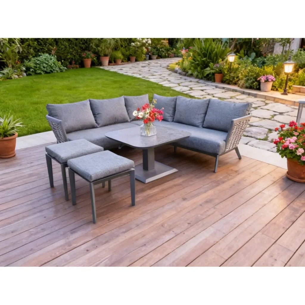 Salotto da giardino VENTARO 7 posti in alluminio grigio con divano ad angolo, tavolo regolabile e pouf