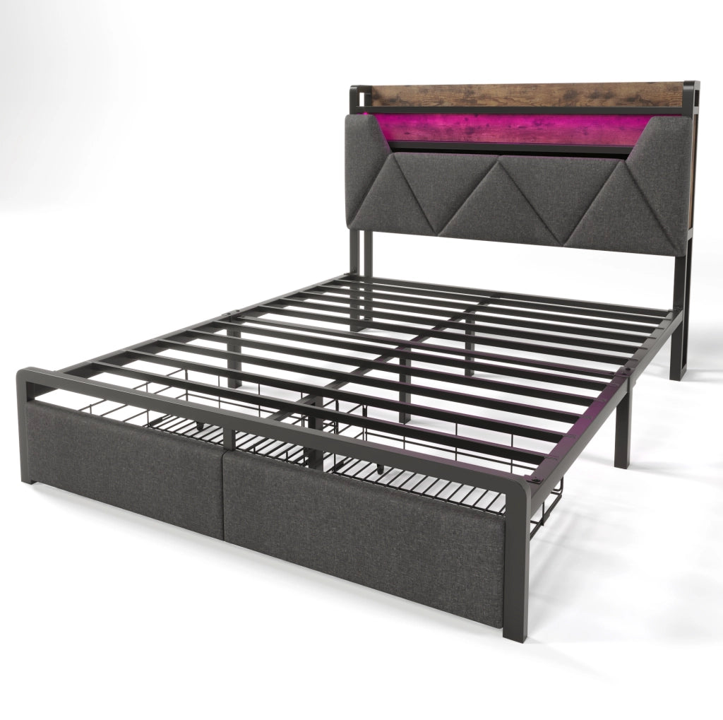 Letto 160x200 cm con LED; USB e Type-C; testiera contenitore; 2 cassetti; lino; grigio