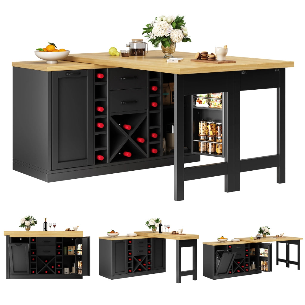 Isola da cucina girevole a 360° con piano in 2 parti; 2 cassetti; portabottiglie e porta pattumiera; nero; 120 × 40 × 73;8 cm