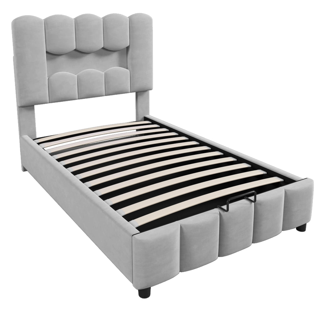 Letto singolo 90×200 cm contenitore con LED e testiera regolabile; senza materasso; velluto; grigio