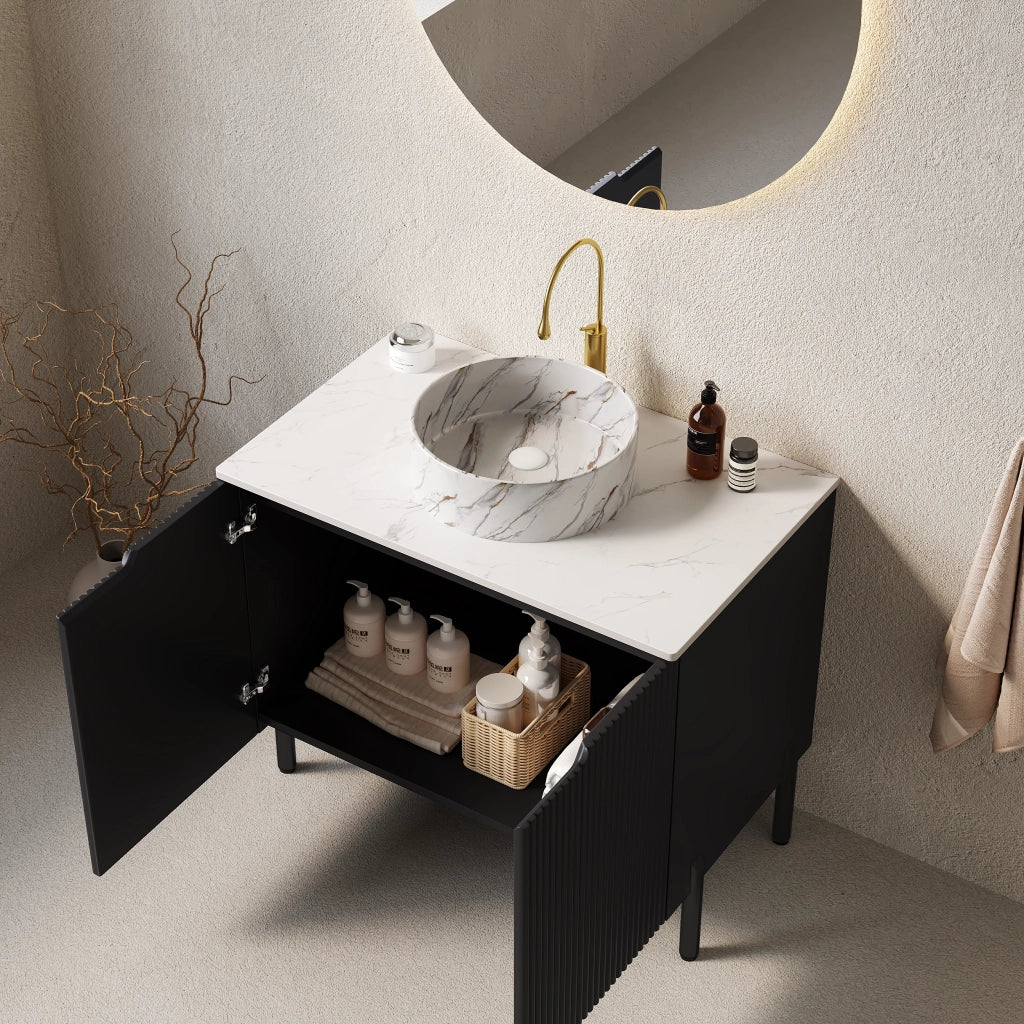 Mobile sottolavabo con lavabo in ceramica e 2 ante soft-close, per bagno, in MDF e pietra sinterizzata, 76 × 48 × 87 cm
