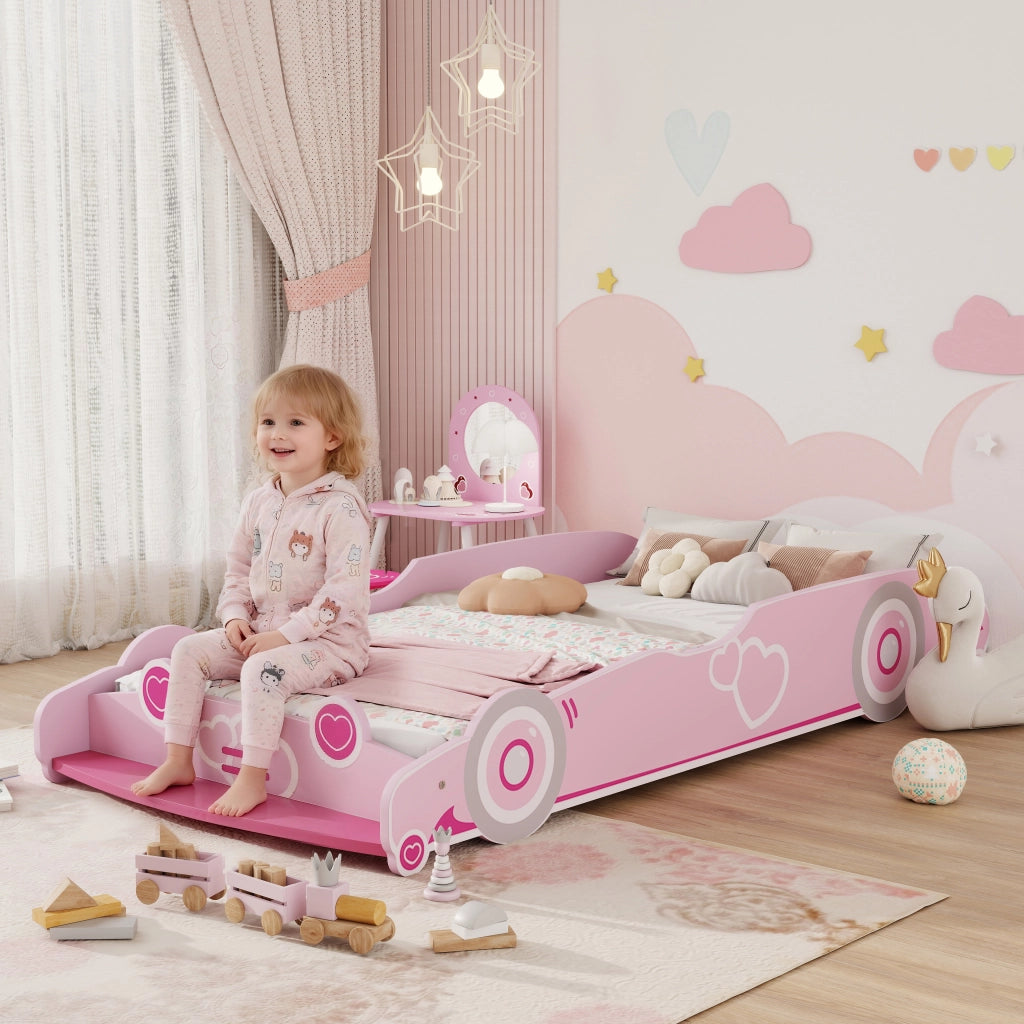 Letto Singolo Infantile con Testiera a Forma di Auto e Barriera Anticaduta ¨C Zephmum ¨C Rosa 70x140 cm