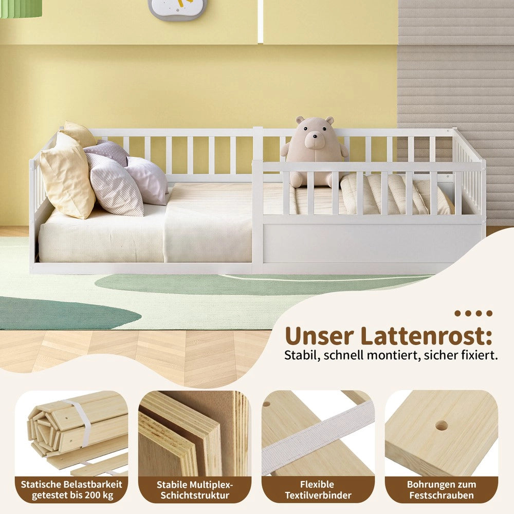 Letto Montessori Singolo con Doghe e Sponda ¨C MINIMAL ¨C Pino Bianco 140x200