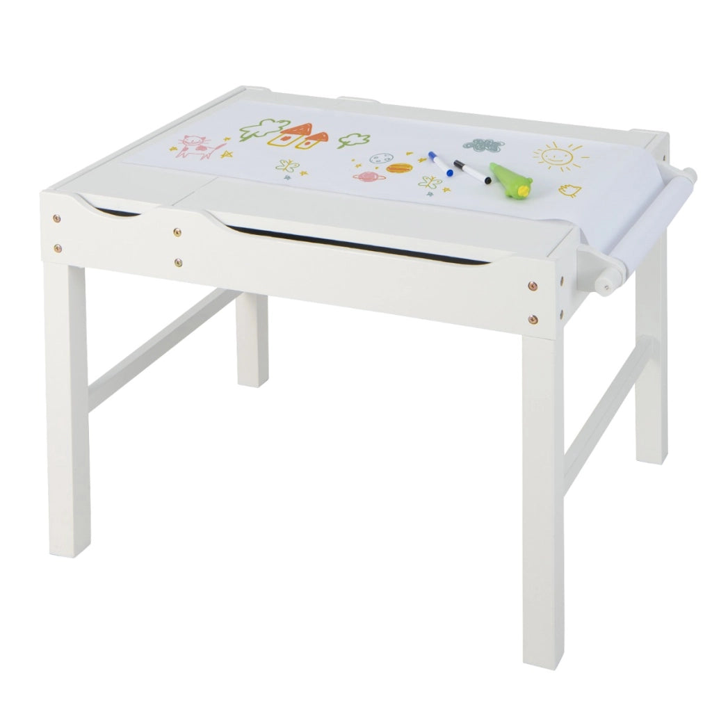 Tavolo multiattivit¨¤ bambini con piano reversibile porta rotolo di carta da disegno, Tavolo costruzioni Bianco-Tavoli e sedie