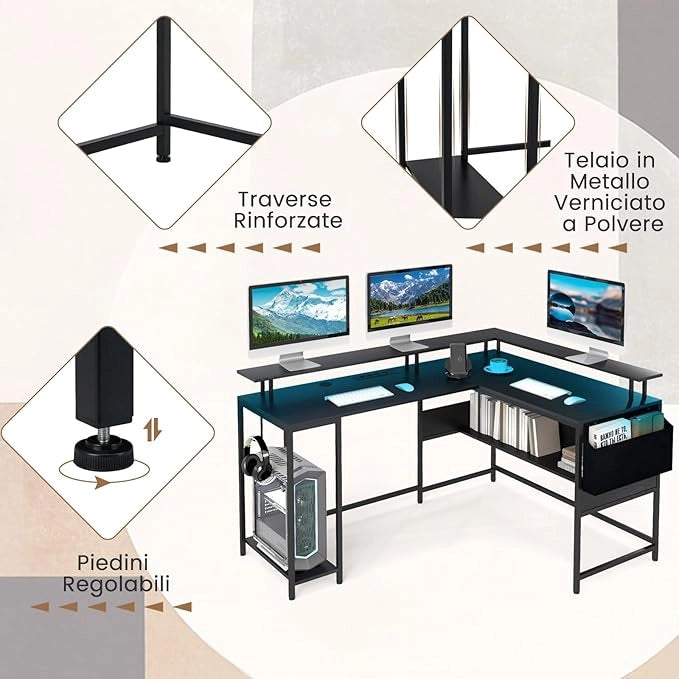 Scrivania da Gaming Angolare, Scrivania per Computer con Luci LED, Prese di Corrente, Supporto per Monitor, Gancio e Ripiani, Postazione di Lavoro ad Angolo