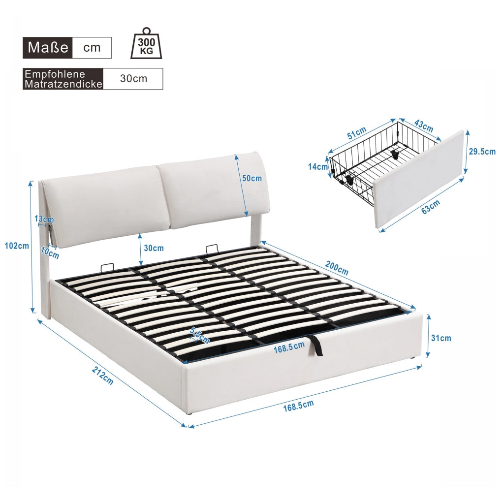 Letto imbottito 160x200 cm con vano contenitore idraulico; 3 cassetti e rete a doghe; velluto beige