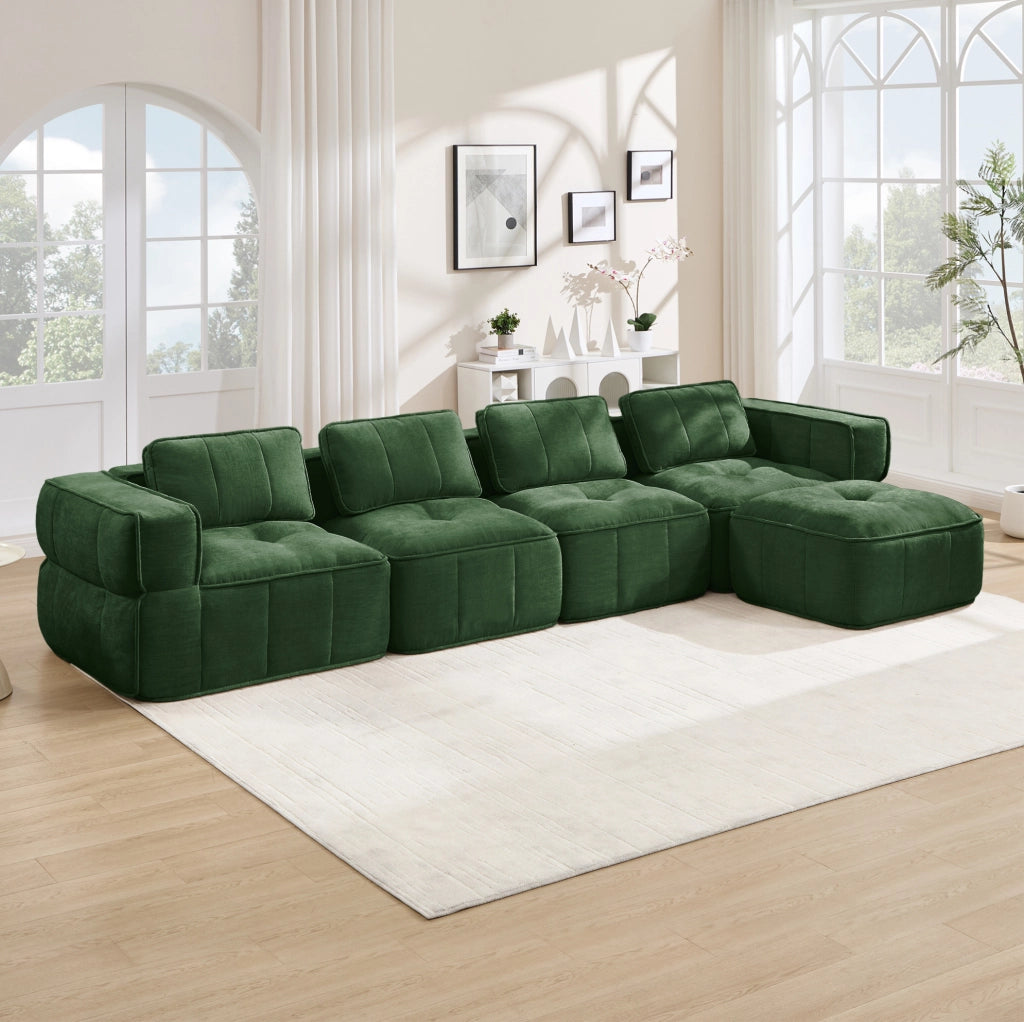 Divano modulare angolare con pouf 344x162x67 cm in poliestere verde; design senza telaio