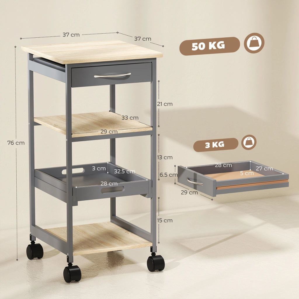 Carrello da Cucina Portavivande con Cassetto, 2 Ripiani e Vassoio Estraibile, 37x37x76cm, Grigio