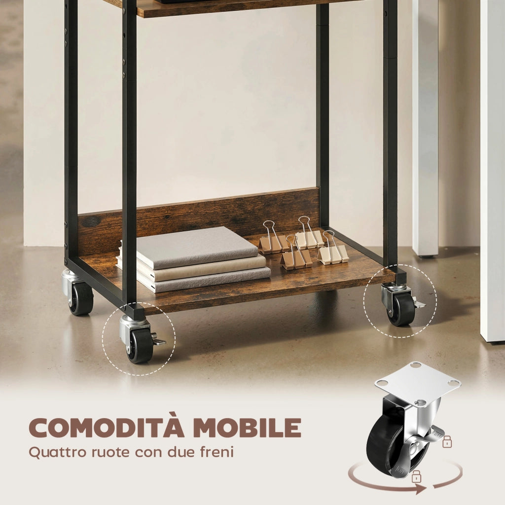 Mobile Supporto per Stampante a 3 livelli 43x30x82 cm con Ruote e Ganci in Legno e Metallo Marrone Rustico.