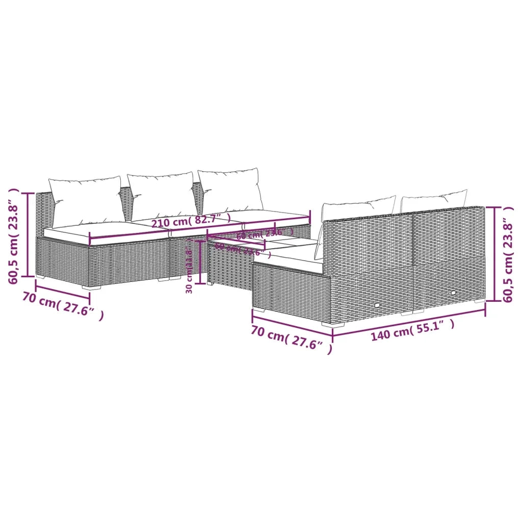 Set Divani da Giardino 6 pz con Cuscini in Polyrattan Nero cod mxl 30095