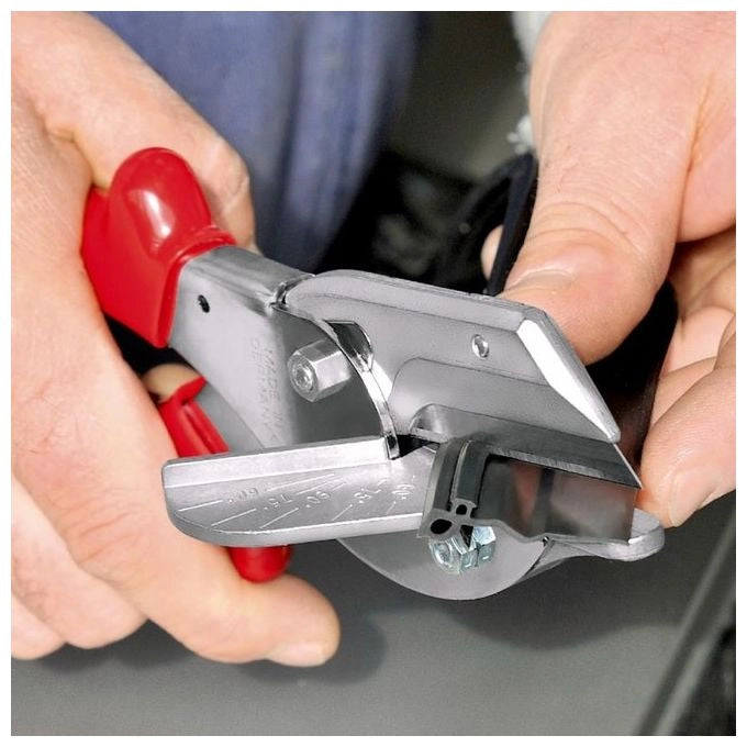 KNIPEX 94 35 215 Cesoia per Cornici e Profili in Resina Sintetica e Gomma Lunghezza Totale 215 mm Portalama Intercambiabile con Aletta di Guida per Tagli a 45° 60° 75° 90° colore Cromata
