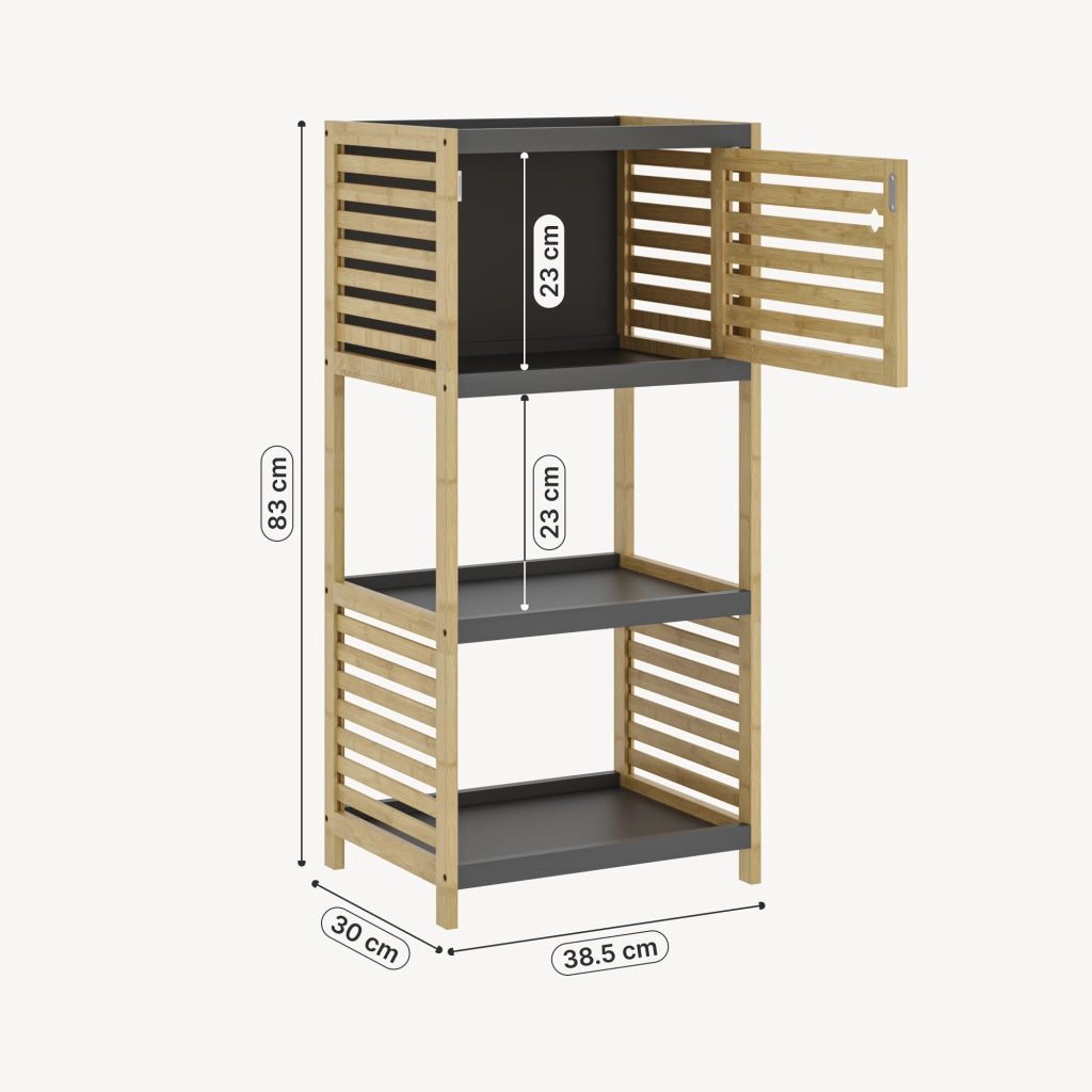 Scaffale da Bagno Kydesby in Bambù con 2 Ripiani Aperti e Scomparto ad Anta 83 x 39 x 30 cm - Naturale / Grigio [en.casa]