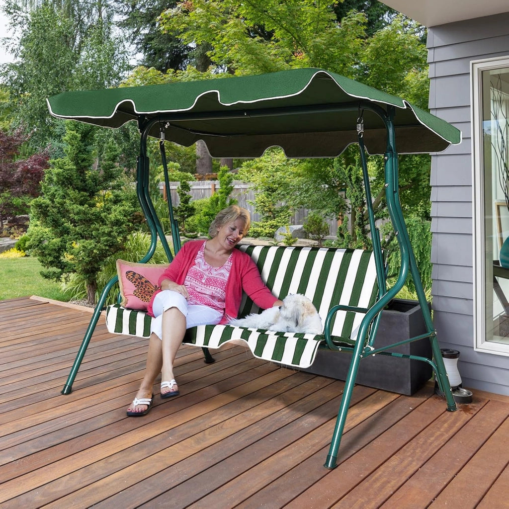 Dondolo da Giardino 3 Posti, Dondolo da Esterno in Metallo con Tetto Parasole Regolabile e Schienale, Dondolo da Balcone, per Patio, Terrazzo, Balcone, 172 x 110 x 154 cm (Verde)