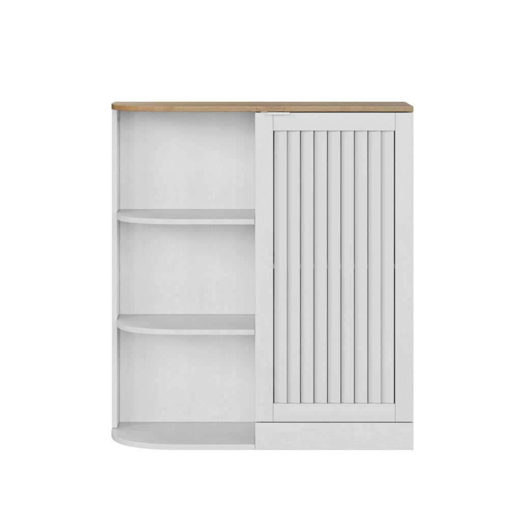Mobile angolare salvaspazio con ripiani aperti e vani chiusi, bianco effetto rovere, in MDF