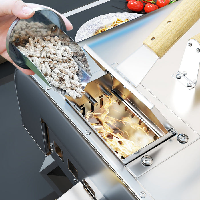 Forno per Pizza a Pellet 79x36x75 cm con Pietra Refrattaria e Pala in Acciaio Inox Argento