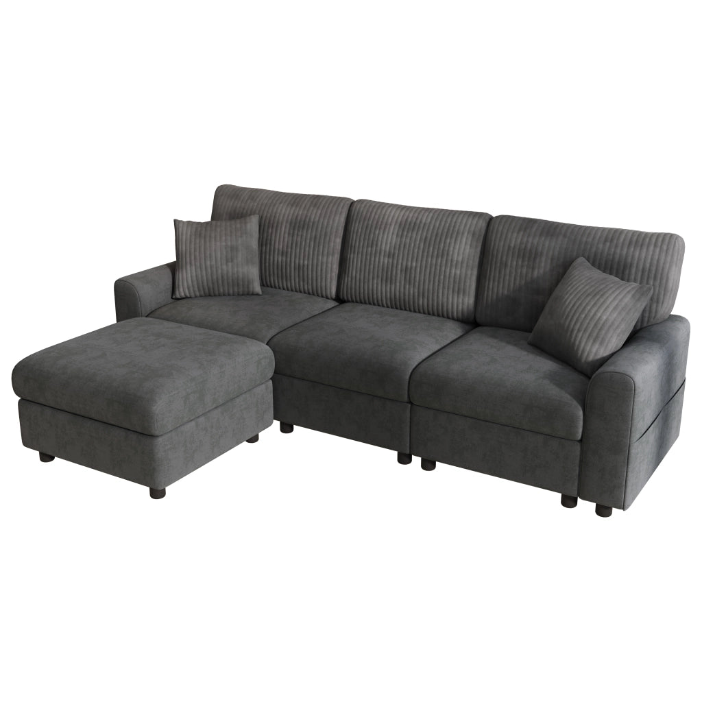 Divano Convertibile con 1 Porta USB, 1 Porta Type-C, Pouf, 2 Cuscini, in Chenille e Velluto a Coste, Grigio