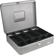 Cassa per monete in metallo argentato, dimensioni 30 x 24 x 9 cm.